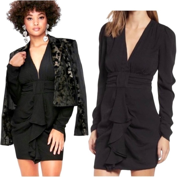 Afrm × REVOLVE avalon puff sleeve deep v-neck mini dress cocktail black NEW - Picture 1 of 13